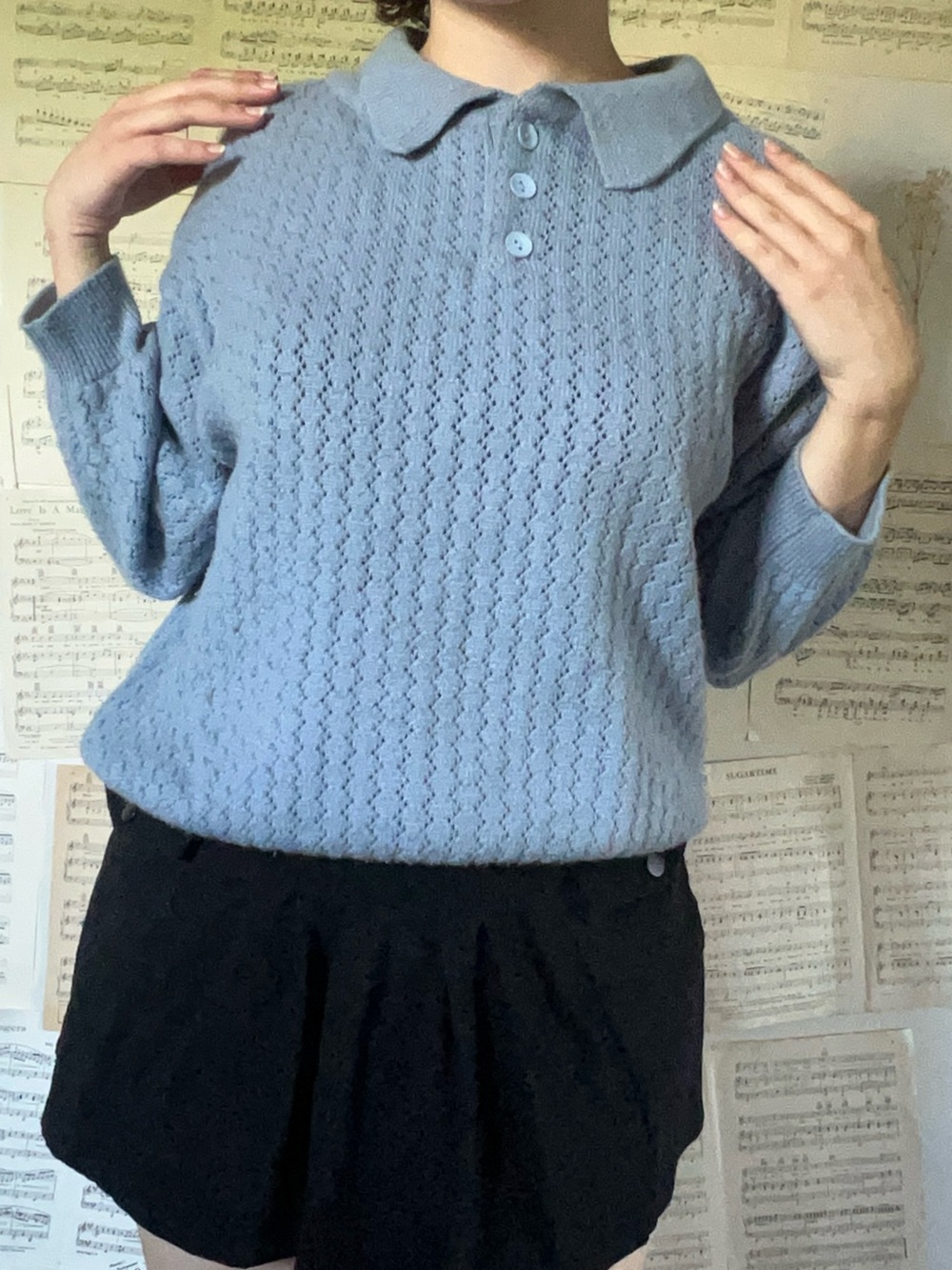 Women's Light Blue Pointelle Collar Sweater - Classic Knit Polo